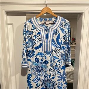 Gretchen Scott Designs Blue and White Leaf Print Dress